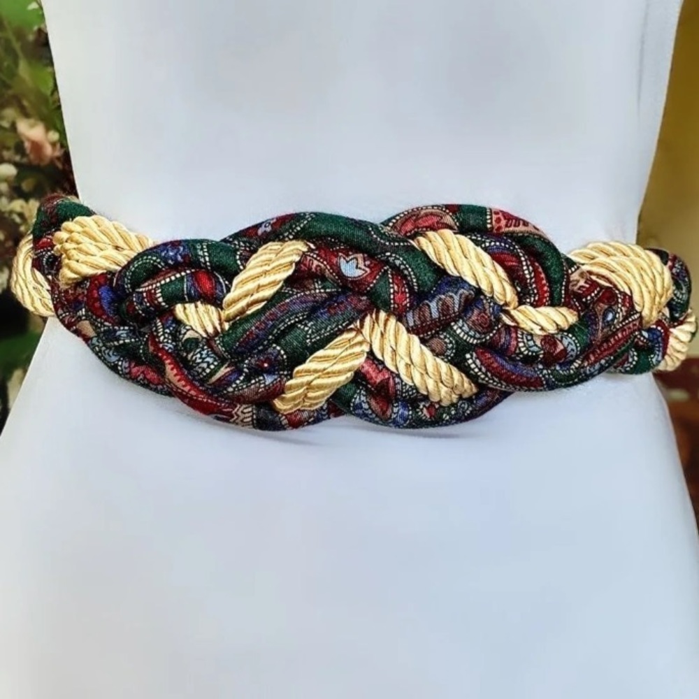 Women Vintage 80s Gold Rope Cord + Red Green Blue Floral Patterned Mens NeckTi…